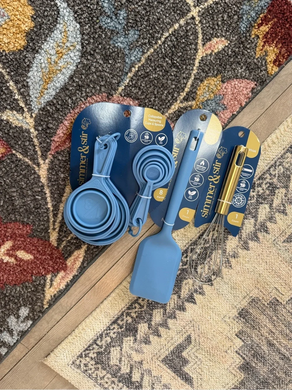 New Kitchen Essentials - Blue Silicone Measuring Cups, Spoons Whisk & Spatula